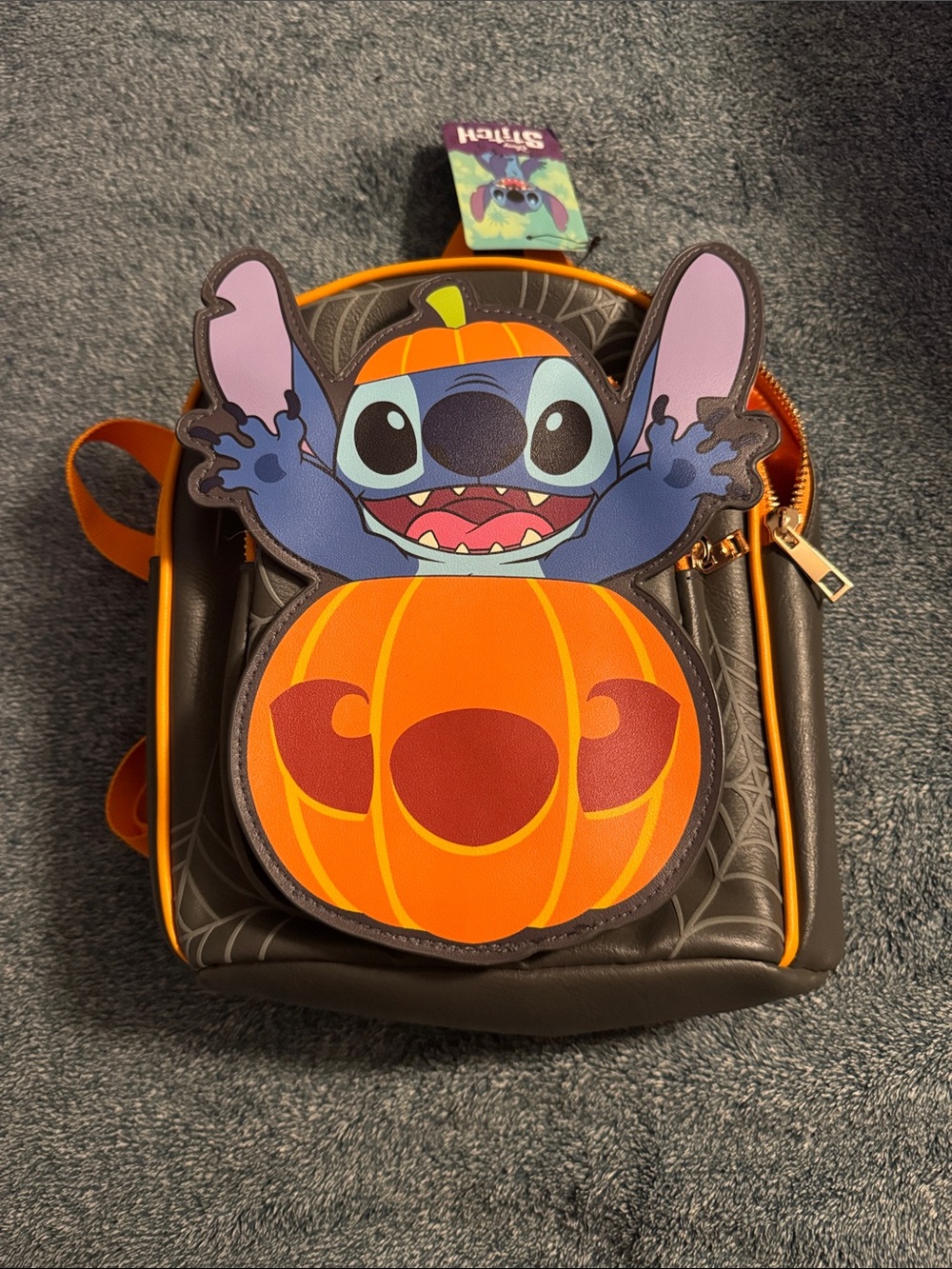Black & Orange Stitch Pumpkin Mini Backpack with Blue Stitch